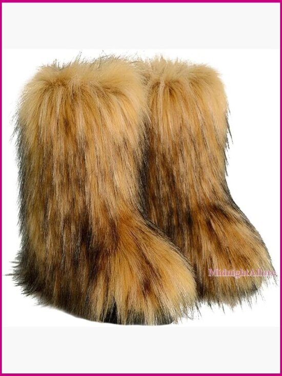 Shoes - Faux Fur Mid-Calf Snow Boots, Warm Winter Outdoor Indoor Flat